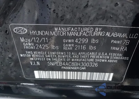 2011 Hyundai Sonata Gls z USA, uszkodzony, nr VIN 5NPEB4AC8BH300326